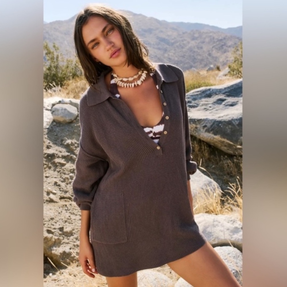 Free People Beach Picnic Sweater Mini Dress Brown Linen Blend Collared Buttons